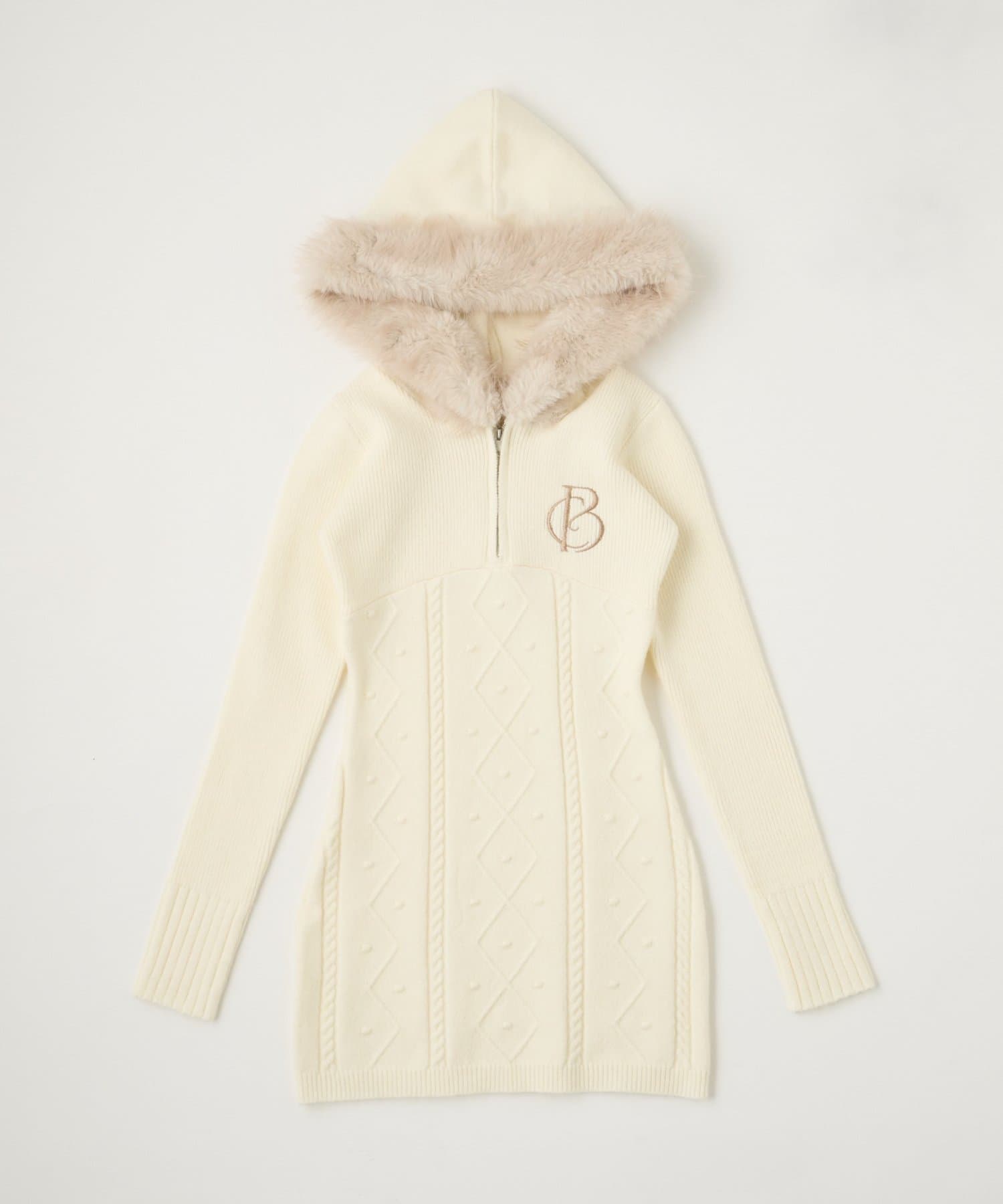 Belle Charme(ベルシャルム) Fur Hood Cable Knit Onepiece