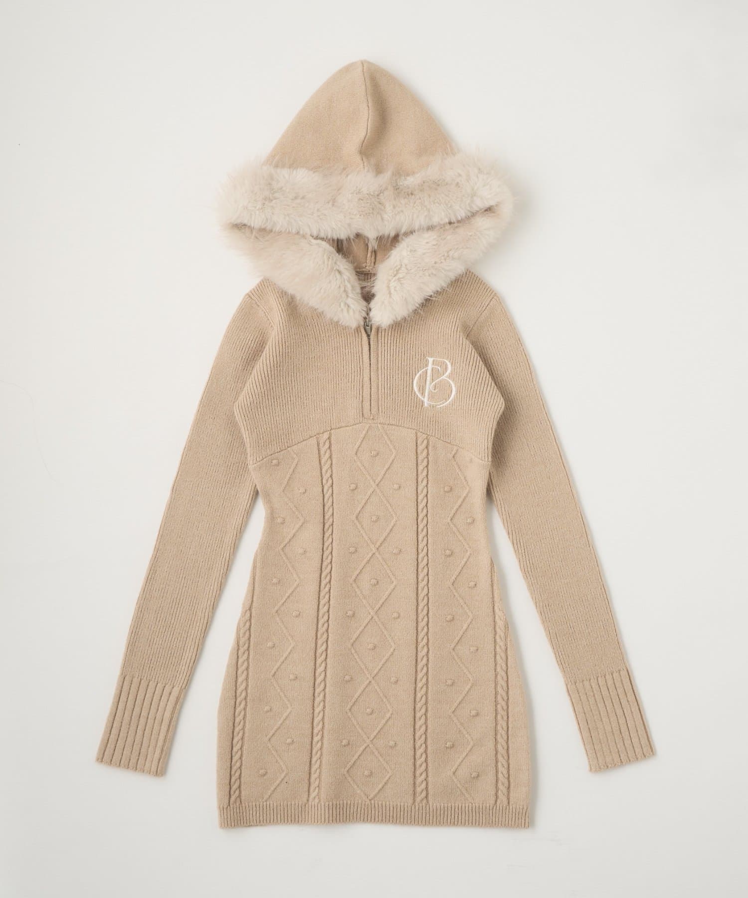 Belle Charme(ベルシャルム) Fur Hood Cable Knit Onepiece