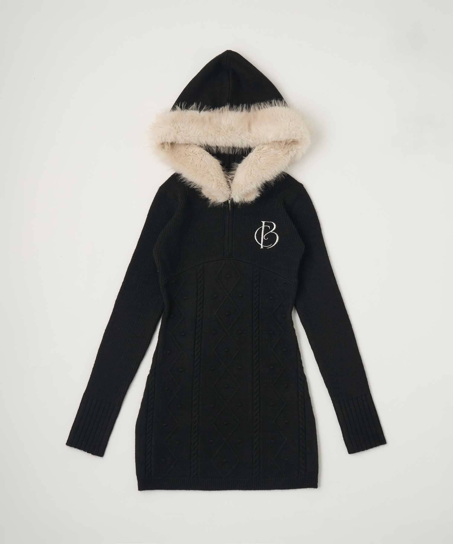 Belle Charme(ベルシャルム) Fur Hood Cable Knit Onepiece