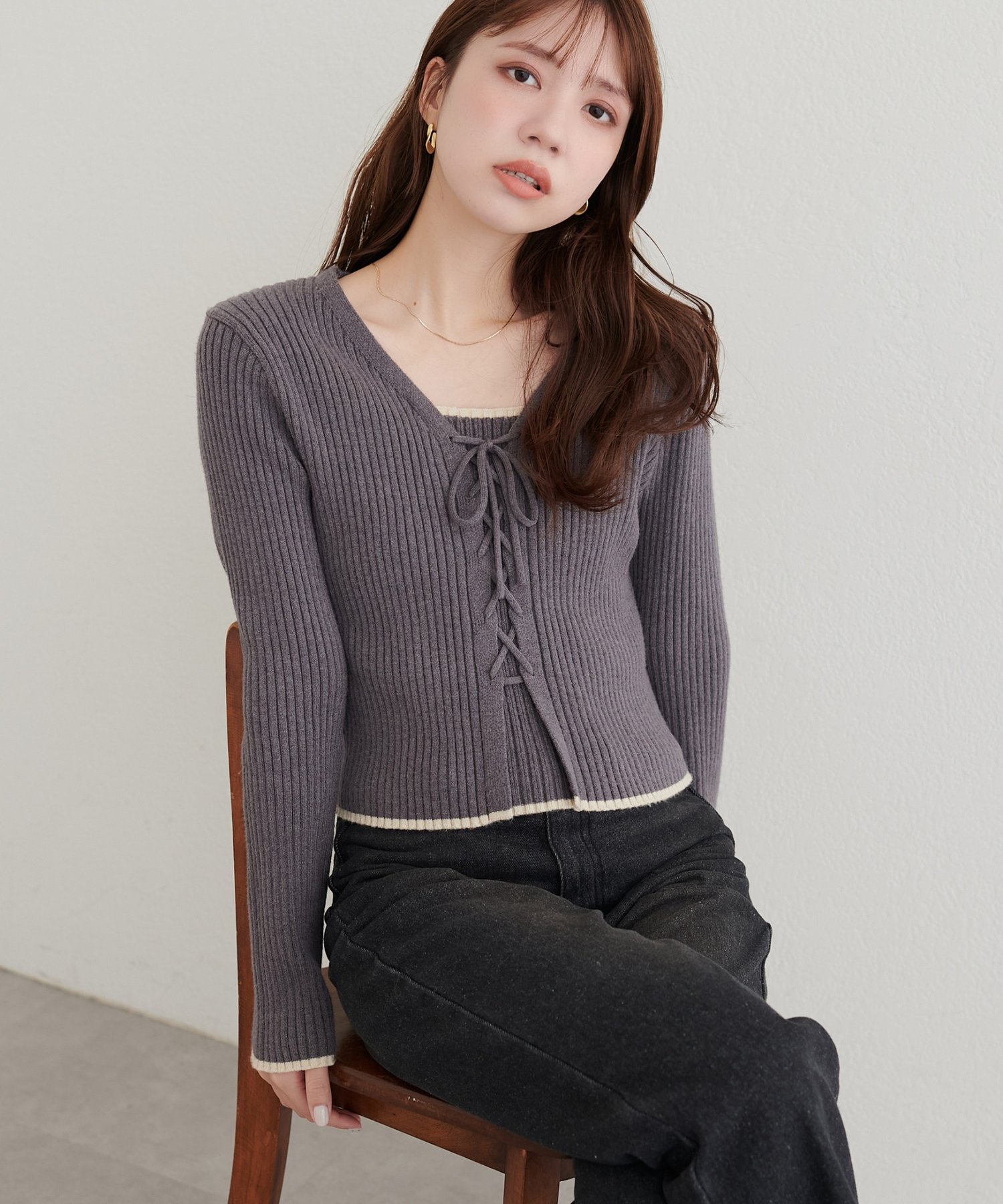 natural couture(ナチュラルクチュール) 配色レースアップニット