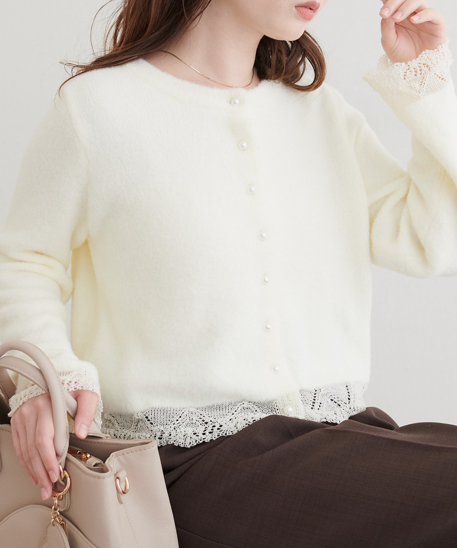 natural couture(ナチュラルクチュール) 透かしレースデザインニットカーディガン