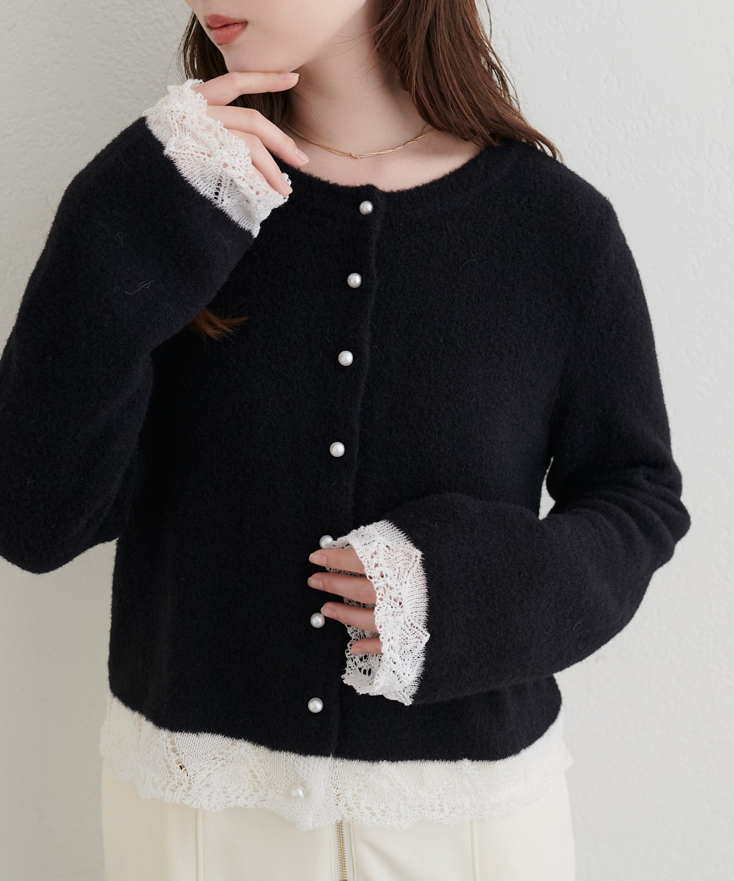 natural couture(ナチュラルクチュール) 透かしレースデザインニットカーディガン