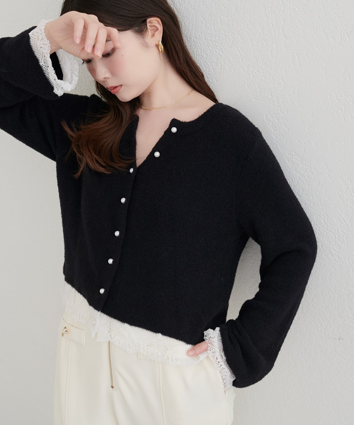 natural couture(ナチュラルクチュール) 透かしレースデザインニットカーディガン