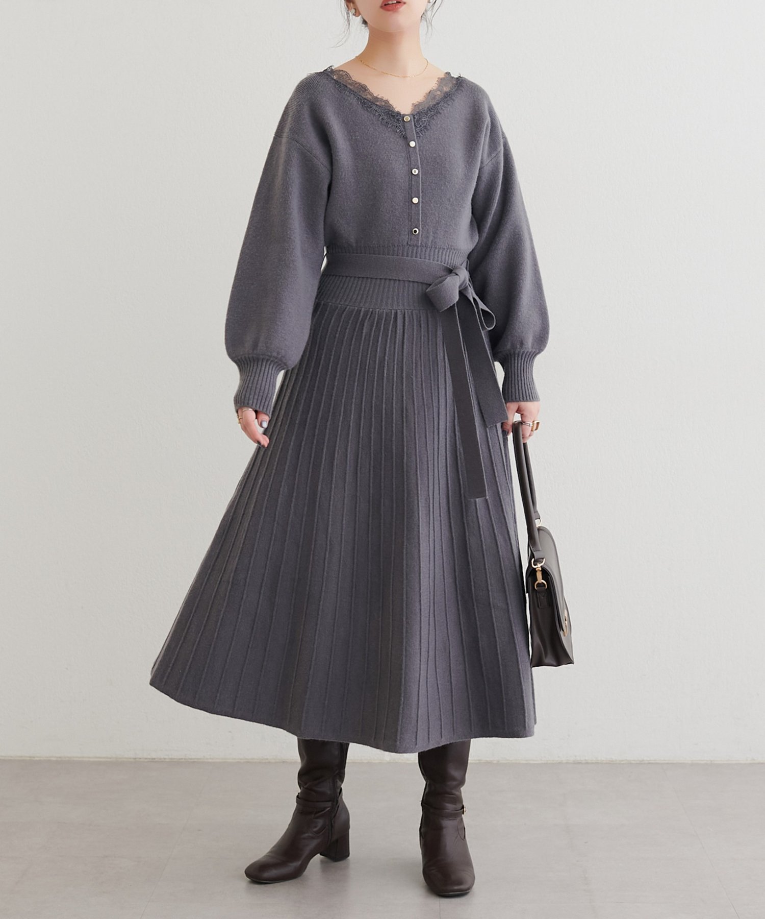 natural couture(ナチュラルクチュール) 衿ぐりレースプリーツニットワンピース
