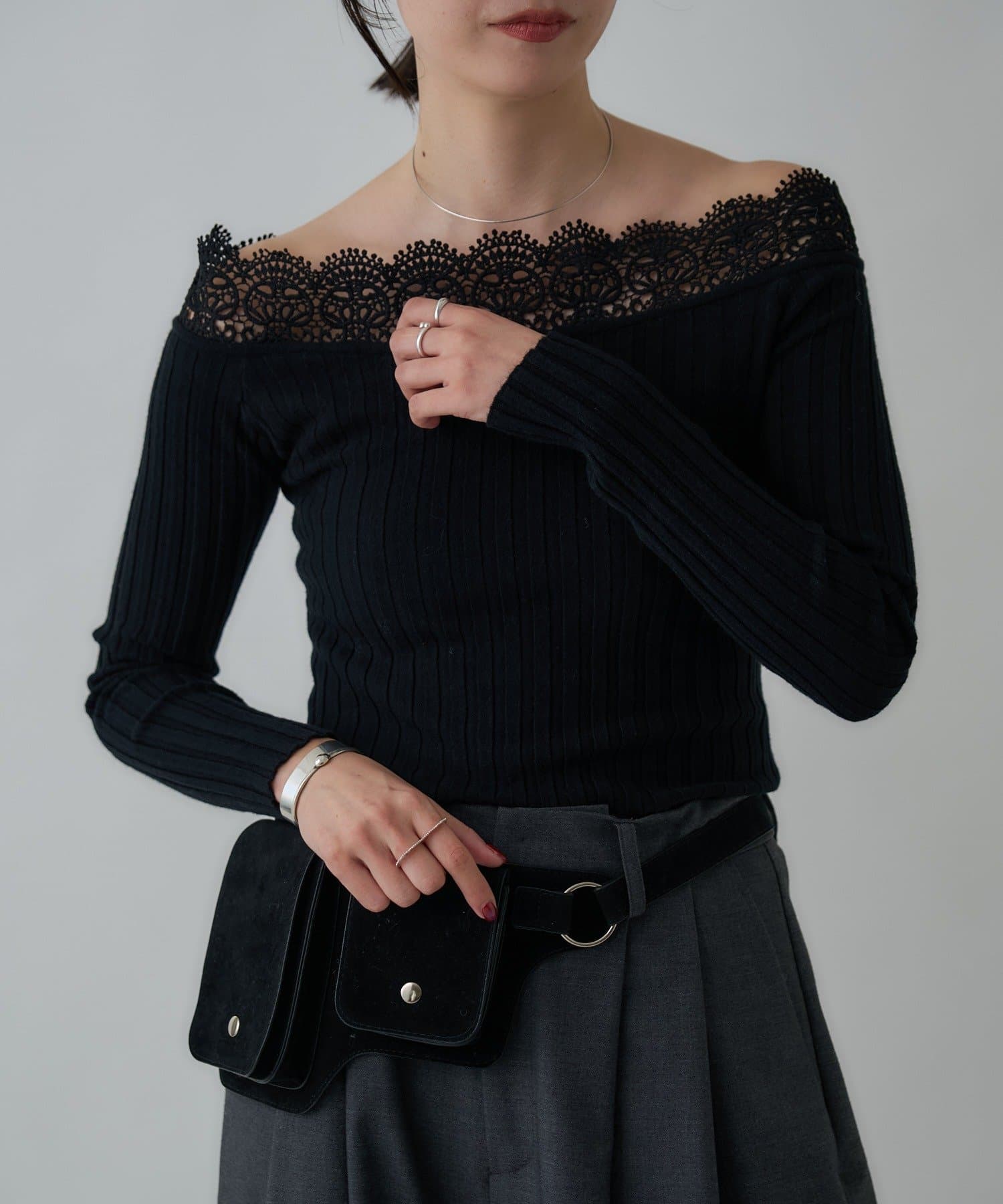 Omekashi(オメカシ) レースオフショルリブニット