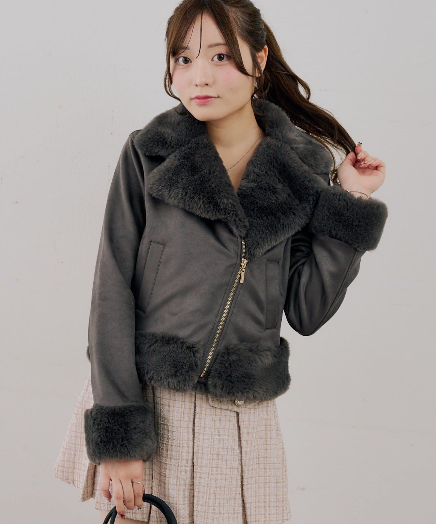 NICE CLAUP / OLIVE des OLIVE OUTLET(ナイスクラップ  / オリーブ デ オリーブ アウトレット) 【RMAF】フェイクファー付ライダースジャケット