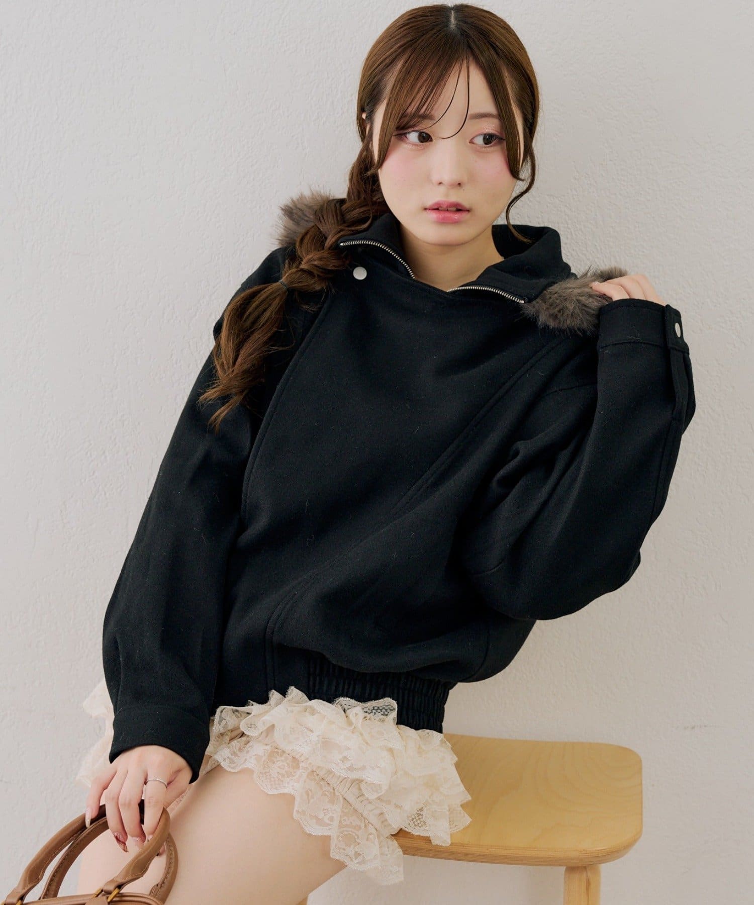 NICE CLAUP / OLIVE des OLIVE OUTLET(ナイスクラップ  / オリーブ デ オリーブ アウトレット) 【continuer】フェイクファーフード付ライダースジャケット