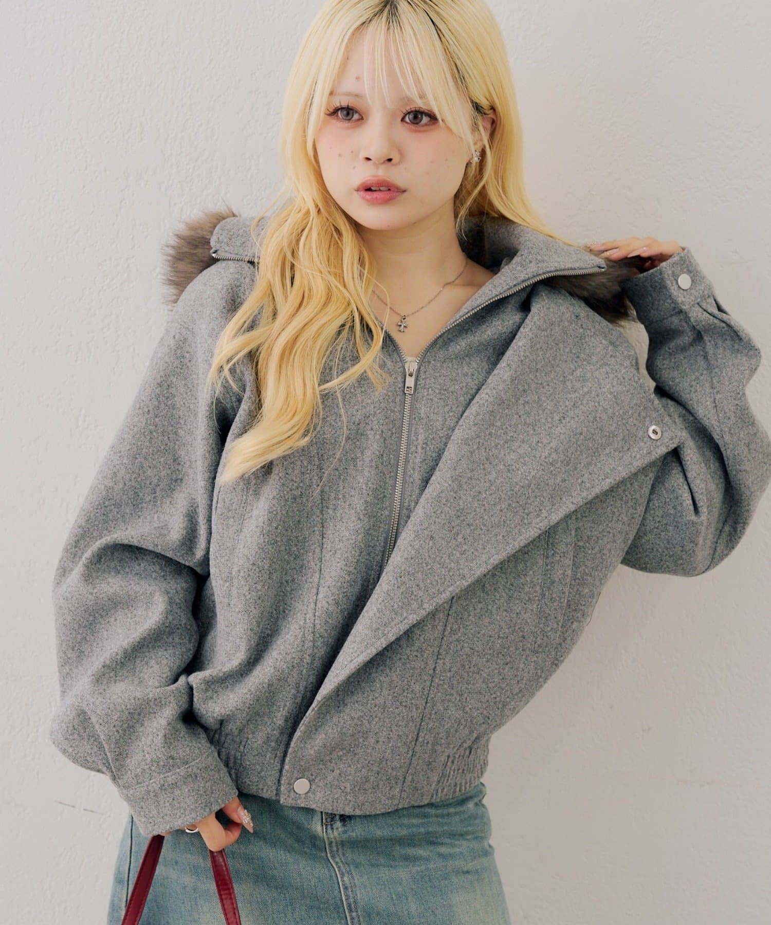 NICE CLAUP / OLIVE des OLIVE OUTLET(ナイスクラップ  / オリーブ デ オリーブ アウトレット) 【continuer】フェイクファーフード付ライダースジャケット