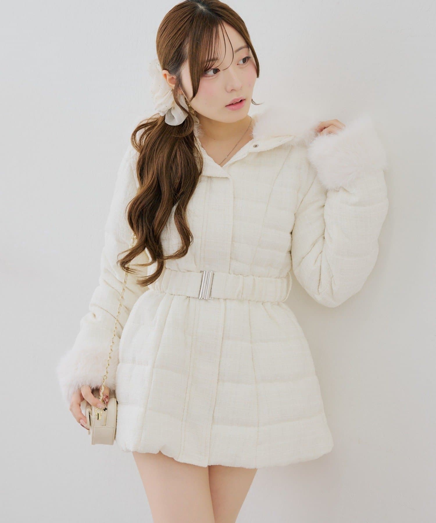 NICE CLAUP / OLIVE des OLIVE OUTLET(ナイスクラップ  / オリーブ デ オリーブ アウトレット) 【continuer】ウエストベルトツィード中綿コート