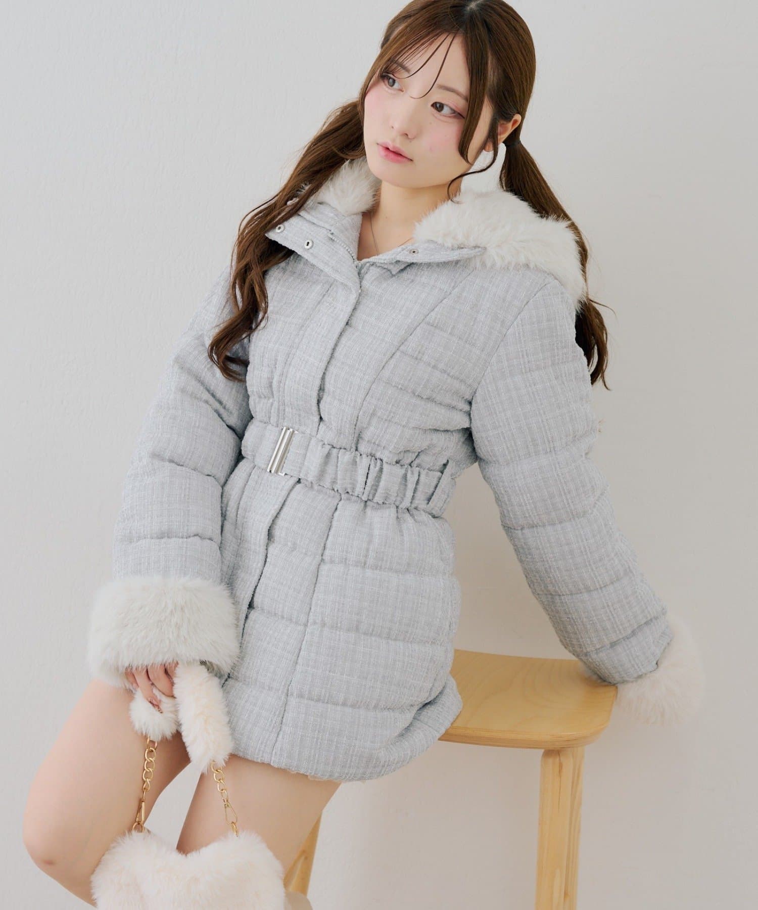 NICE CLAUP / OLIVE des OLIVE OUTLET(ナイスクラップ  / オリーブ デ オリーブ アウトレット) 【continuer】ウエストベルトツィード中綿コート