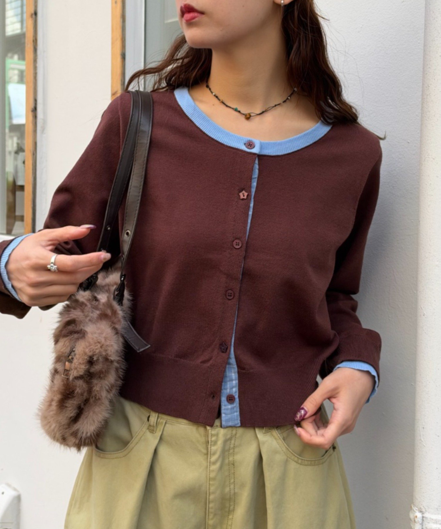 w closet(ダブルクローゼット) 星ボタンチェック配色ニットカーディガン