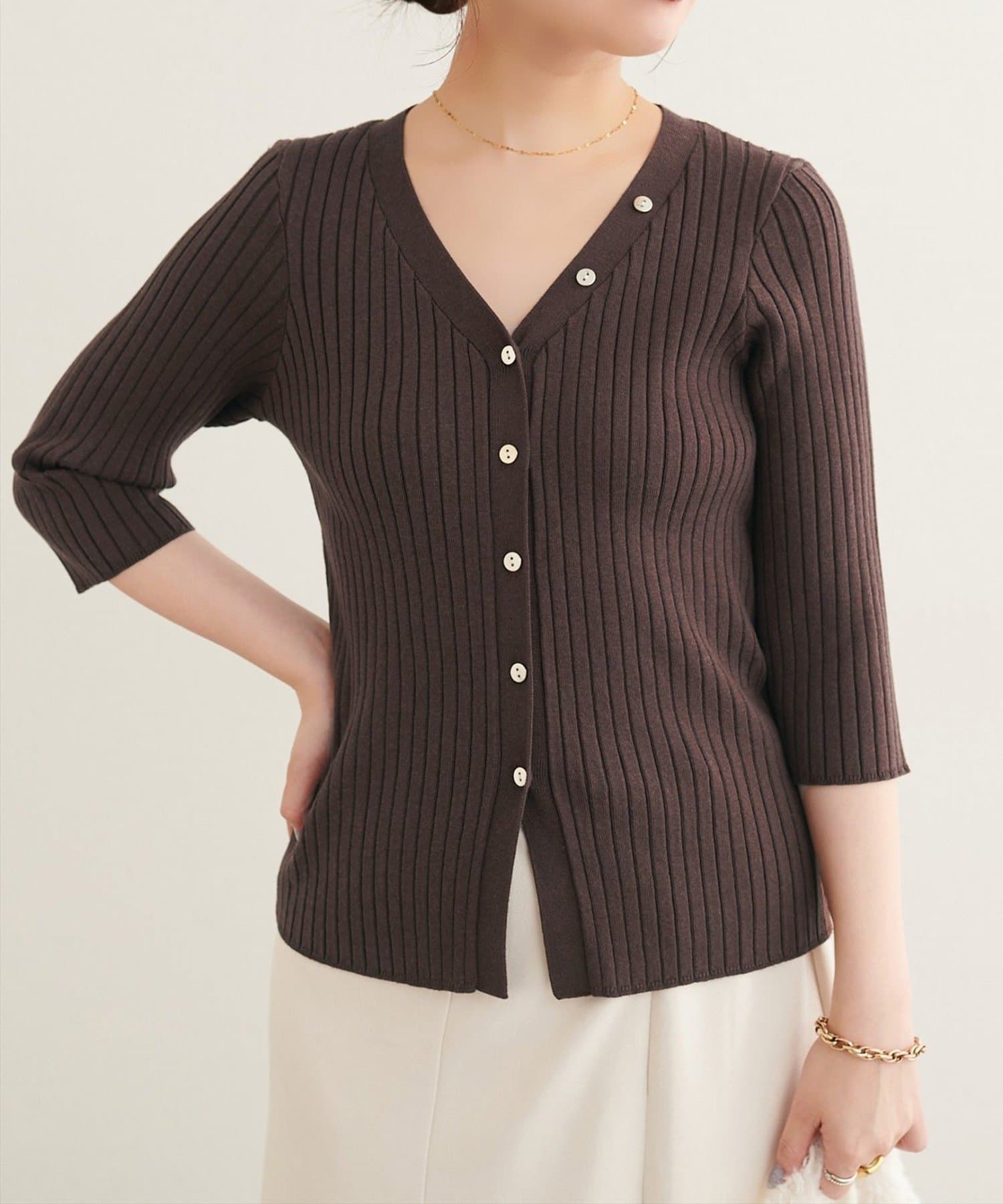 NICE CLAUP / OLIVE des OLIVE OUTLET(ナイスクラップ  / オリーブ デ オリーブ アウトレット) 【natural couture】うす金釦ぴたリブニットカーディガン