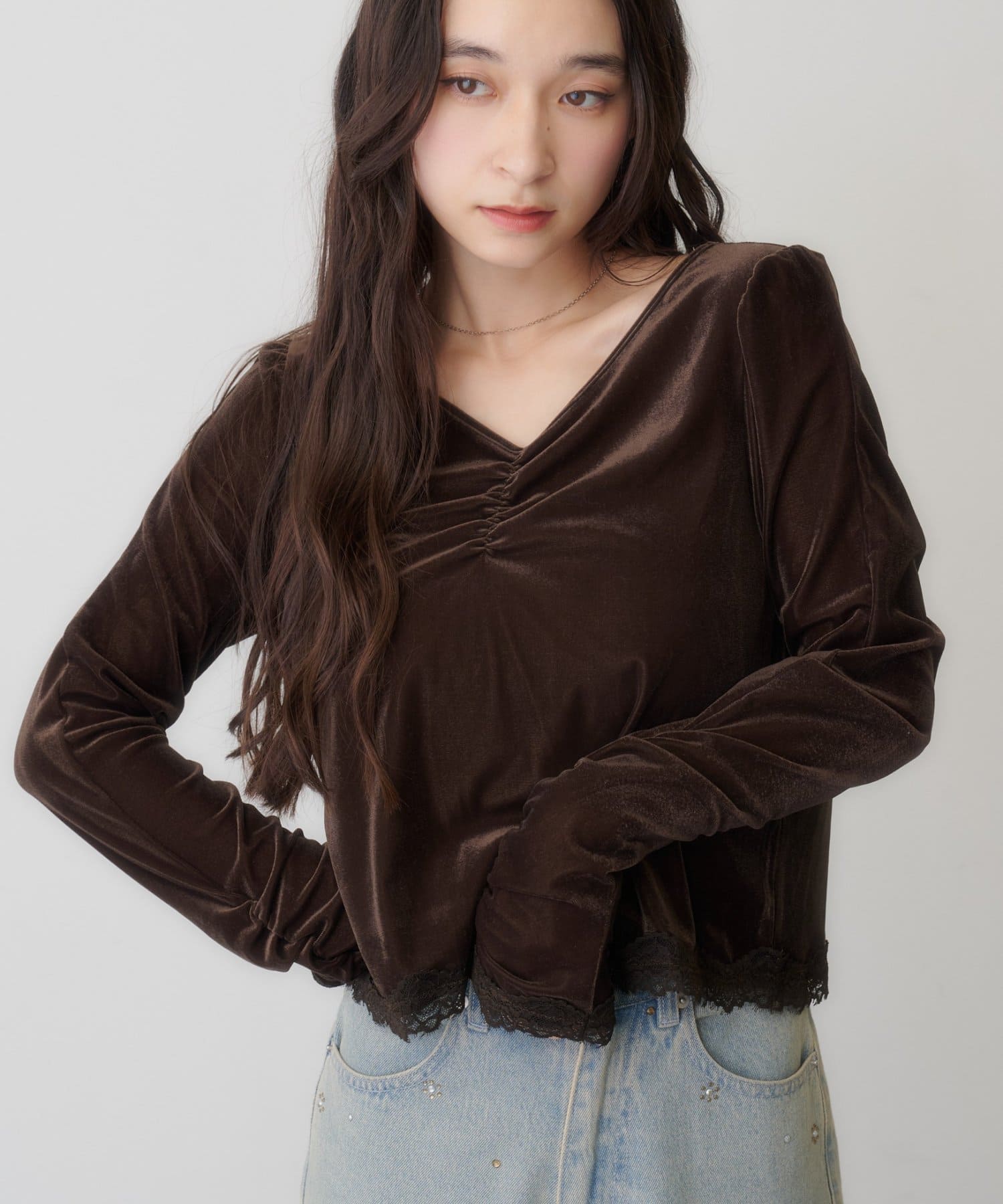 Kastane(カスタネ) 【10.31(土)12:00発売】リボンタイベロアレーストップス